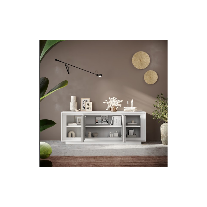 Buffet SKY 4 portes – Finition Blanc mat laqué / Ciment Buffet SKY 4 portes – Finition Blanc mat laqué / Ciment